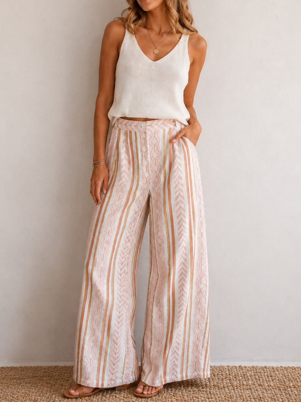 En Creme Boho Stripe Wide Leg Pants Pink Gold Metallic Cotton Medium
